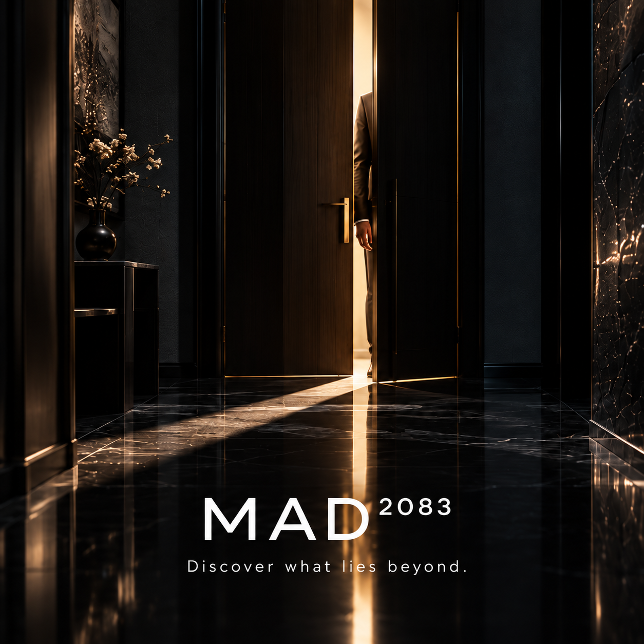 A dark architectural doorway illuminated by a narrow shaft of golden light, with the MAD2083 mark